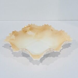 Vintage Fenton Peach Crest Hobnail Milk Glass Square Dish Ruffle Sawtooth Edge